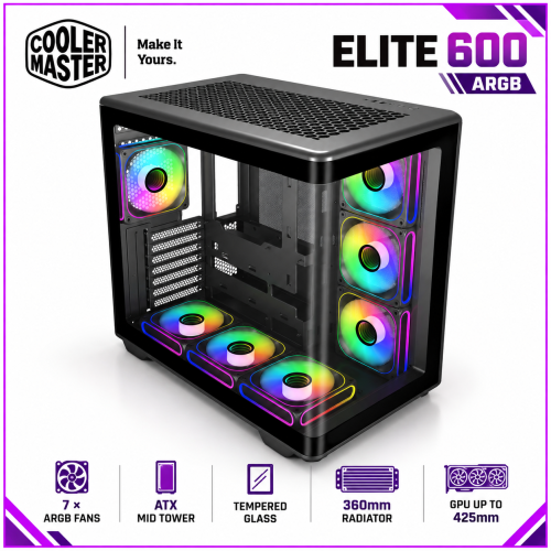 Cooler Master Elite 600 ARGB ATX Mid Tower Gaming Case, 7x120mm ARGB Fans, Tempered Glass, Dual 360mm Radiator Support, USB-C, Black Cooler Master Elite 600 ARGB ATX Mid Tower Gaming Case, 7x120mm ARGB Fans, Tempered Glass, Dual 360mm Radiator Support, USB-C, Black