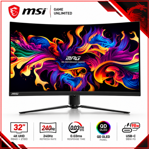 MSI MPG 321CURX QD-OLED 31.5-inch 4K UHD 240Hz Curved Gaming Monitor, 1700R, 0.03ms GTG, DisplayHDR True Black 400, USB-C 98W, Black MSI MPG 321CURX QD-OLED 31.5-inch 4K UHD 240Hz Curved Gaming Monitor, 1700R, 0.03ms GTG, DisplayHDR True Black 400, USB-C 98W, Black