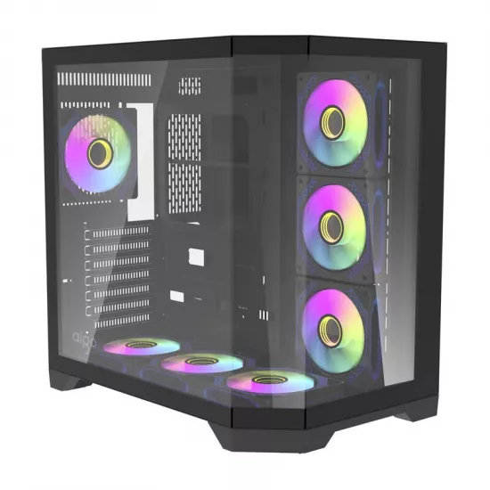 Aigo FT418 PRO ATX Mid-Tower Gaming Case with 7 ARGB Fans and Tempered Glass – Black