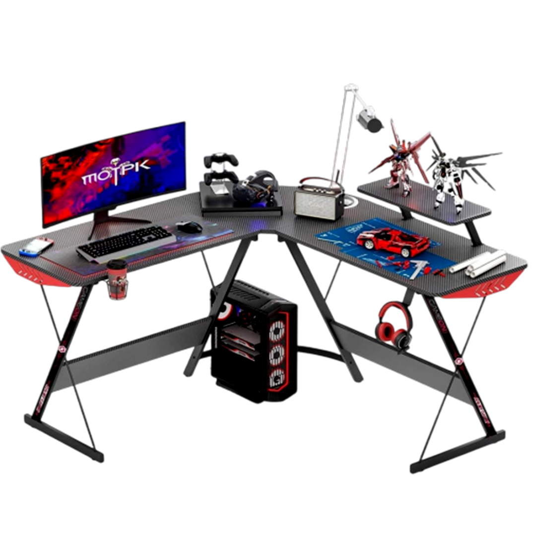 GAMEON L-Shaped Slayer I Series Gaming Desk (Size: 129*129*74cm & Table top 80*46cm) With Headset Hook, Cup Holder & Accessories Stand - Black