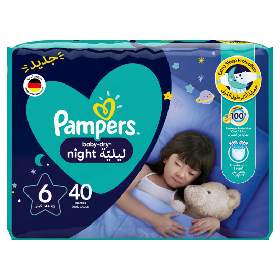 بامبرز حفاضات بيبي دراي الليلية، مقاس 6، أكثر من 14 كيلو، 40 قطعة