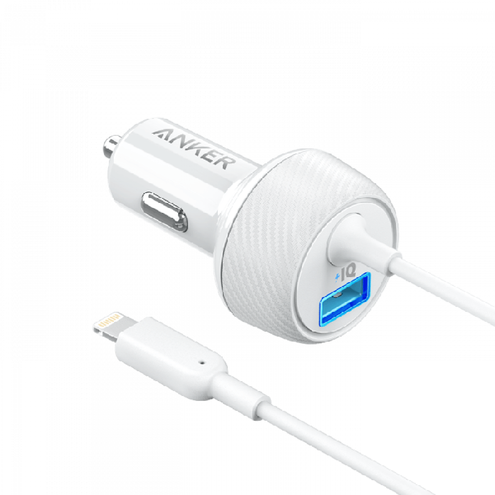 شاحن هاتف للسيارة من شركة أنكر مع سلك لايتنينج - لون أبيض - ضمان 18 شهر