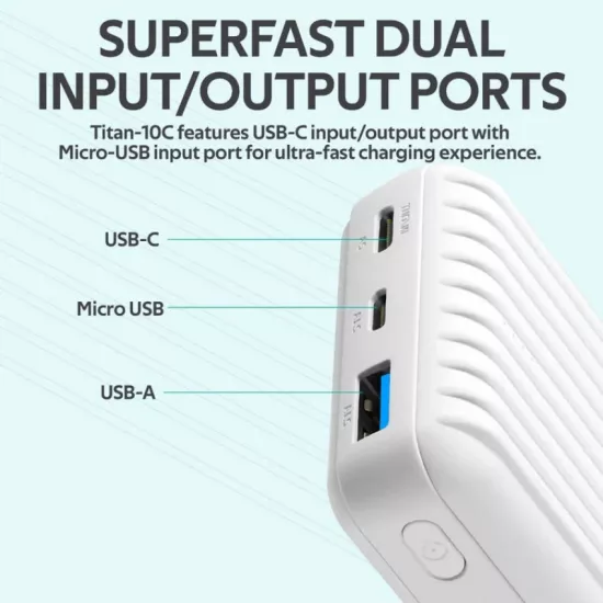 بطارية (باوربانك) صغيرة للإستعمال القاسي - 10000 ملي آمبير - لون أبيض - من شركة بروميت  - ضمان لمدة سنة