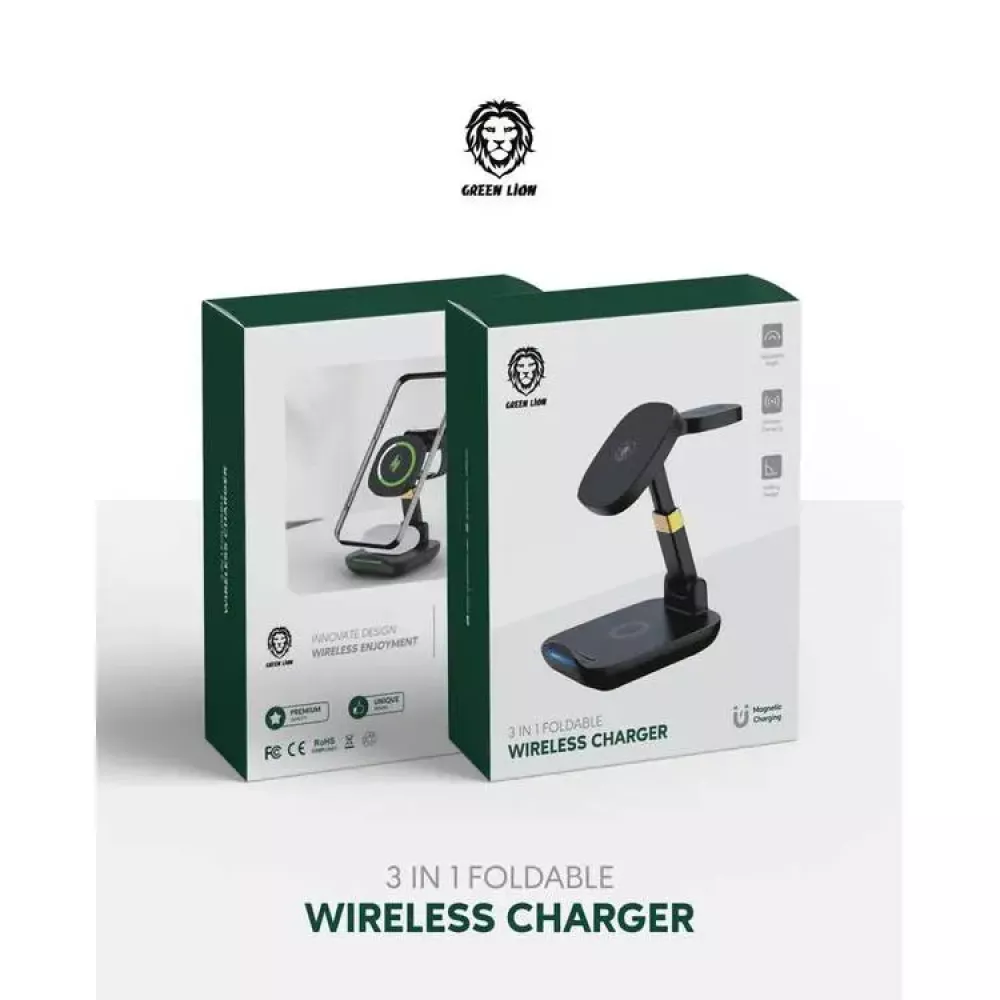 شاحن لاسلكي للهاتف والساعة والسماعة - قابل للطي - من شركة جرين لايون - ضمان لمدة سنتين
