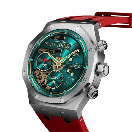 ساعة ذكية بشكل مميز من شركة بورودو - ضمان لمدة سنة - لون فضي+ أحمر