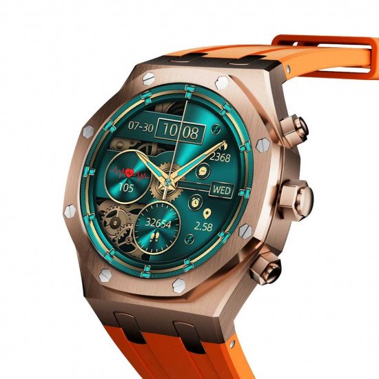 ساعة ذكية بشكل مميز من شركة بورودو - ضمان لمدة سنة - لون روز جولد + برتقالي