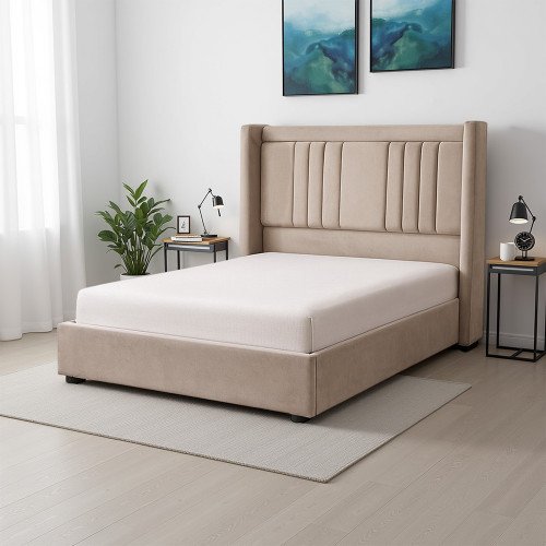سرير خشبي بتنجيد مخملي فاخر 140×200سم سرير خشبي بتنجيد مخملي فاخر 140×200سم