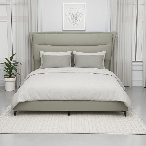 سرير خشبي تنجيد جلد بيج 180x200 سم سرير خشبي تنجيد جلد بيج 180x200 سم