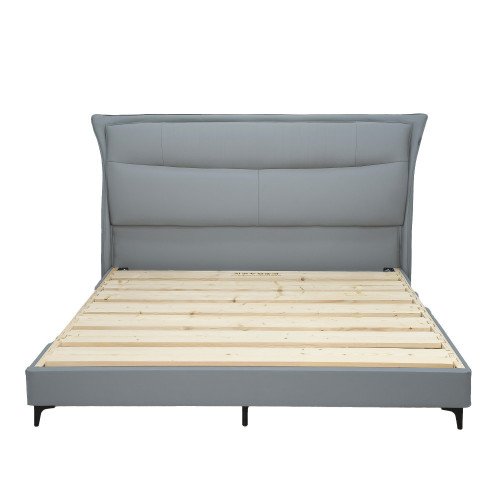 سرير خشبي تنجيد جلد رمادي 180x200 سم سرير خشبي تنجيد جلد رمادي 180x200 سم