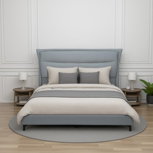 سرير خشبي تنجيد جلد رمادي 180x200 سم سرير خشبي تنجيد جلد رمادي 180x200 سم