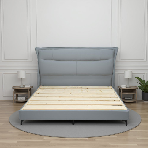 سرير خشبي تنجيد جلد رمادي 180x200 سم سرير خشبي تنجيد جلد رمادي 180x200 سم