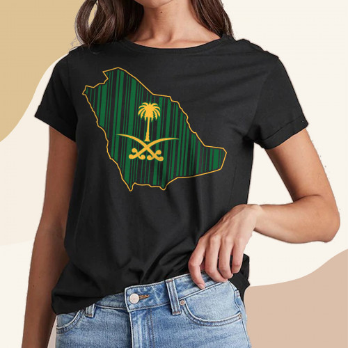 تيشيرت باركود خريطة السعودية شعار ذهبي