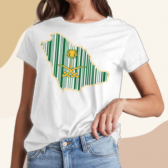 تيشيرت باركود خريطة السعودية شعار ذهبي