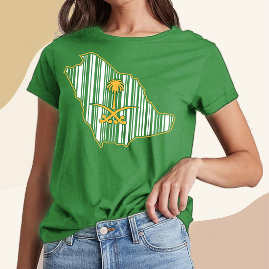 تيشيرت باركود خريطة السعودية شعار ذهبي