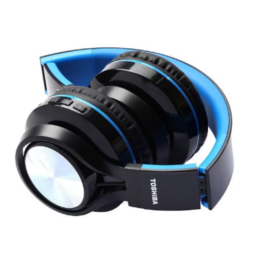 سماعات رأس لاسلكية قابلة للطي بتصميمٍ فوق الأذن مع ميكروفون الأسود / الأزرق