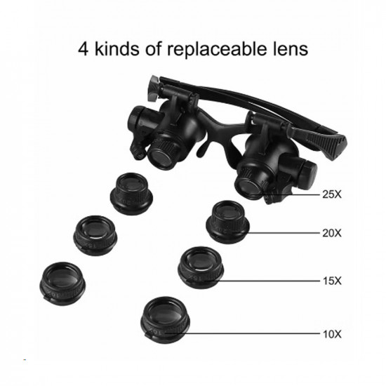 مكبر النظارات، نظارات مكبرة لعصابة الرأس مع ضوء LED، عدسة مجوهرات مع 4 عدسات قابلة للتبديل 10X 15X 20X 25X، لأداة الإصلاح الإلكترونية لساعة النظارات والمجوهرات