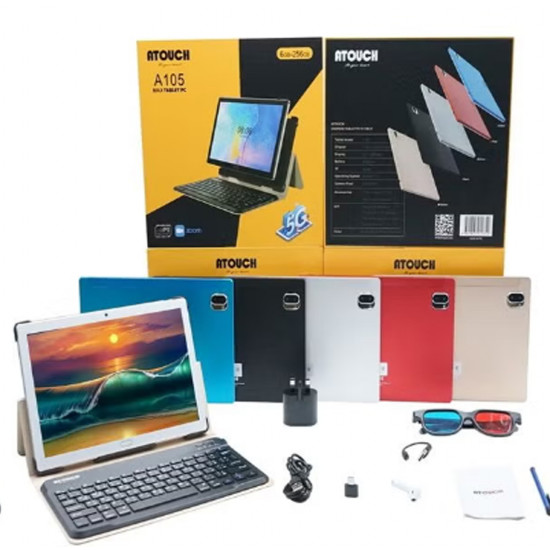جهاز كمبيوتر تابلت A105 ماكس ذكي مقاس 10.1 بوصة يدعم تقنية 5G ثنائي الشريحة بذاكرة رام 6 جيجابايت وذاكرة روم 256 جيجابايت واتصال واي فاي ومعالج ثماني النواة يدعم التقريب بنظام تشغيل أندرويد 12.0 تاب مع لوحة مفاتيح بلوتوث (بلون أسود)