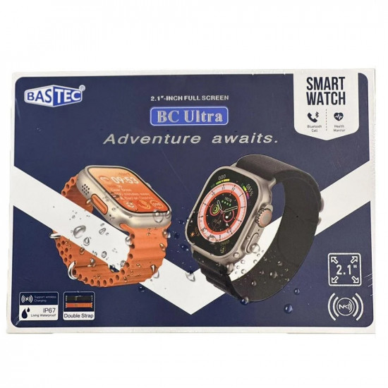 ساعة ذكية BASTEC ضمان سنتين الاصدار الثامن , بمقاس 49mm تدعم الشحن اللاسلكي واللغة العربية + أسوارين إضافي -اللون البرتقالي  