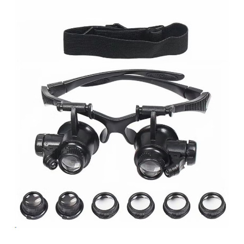 مكبر النظارات، نظارات مكبرة لعصابة الرأس مع ضوء LED، عدسة مجوهرات مع 4 عدسات قابلة للتبديل 10X 15X 20X 25X، لأداة الإصلاح الإلكترونية لساعة النظارات والمجوهرات