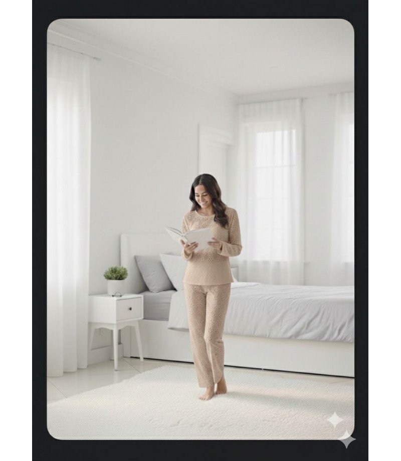 بيجاما نسائية قطن تركي مخرم صناعة تركية ماركة جيلان قطن 100% 