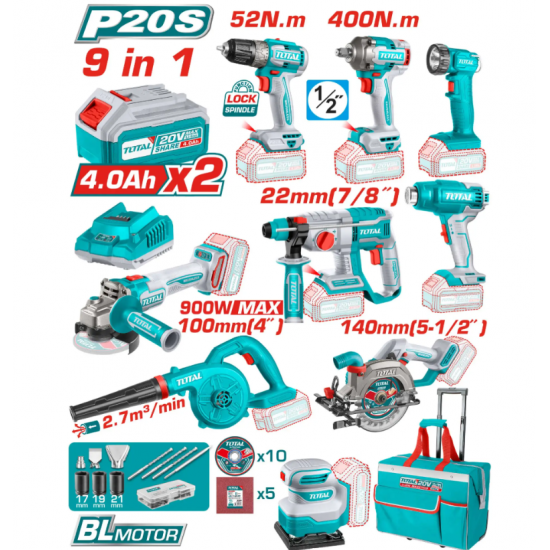 مجموعة عدة بطارية مع شنطة ترولي 20V 9-IN-1 توتال