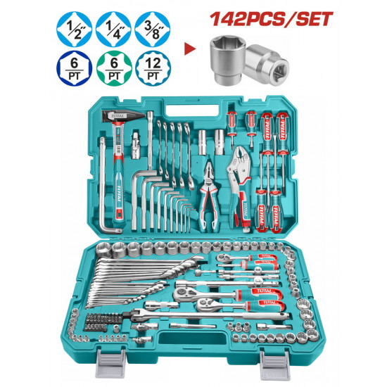 طقم شنطة عدة مع حبوب 1/2"&1/4"&3/8" 142PCS/SET توتال طقم شنطة عدة مع حبوب 1/2"&1/4"&3/8" 142PCS/SET توتال