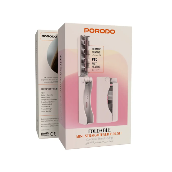 Porodo Foldable Mini Straightener Brush - Pink Porodo Foldable Mini Straightener Brush - Pink