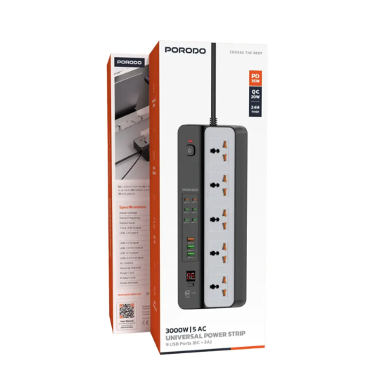 Porodo 3000W | 5AC Universal Power Strip with 9 USB Ports (6C + 3A) - Black Porodo 3000W | 5AC Universal Power Strip with 9 USB Ports (6C + 3A) - Black