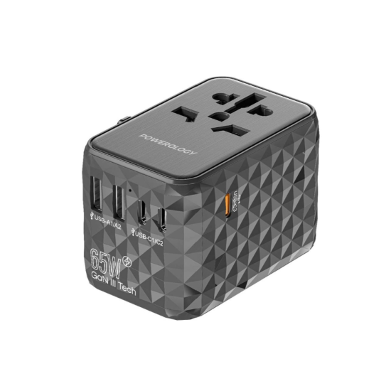 محول السفر العالمي بتقنية الشحن السريع 65 واط (3 منافذ من النوع C / منفذان USB-A) محول السفر العالمي بتقنية الشحن السريع 65 واط (3 منافذ من النوع C / منفذان USB-A)
