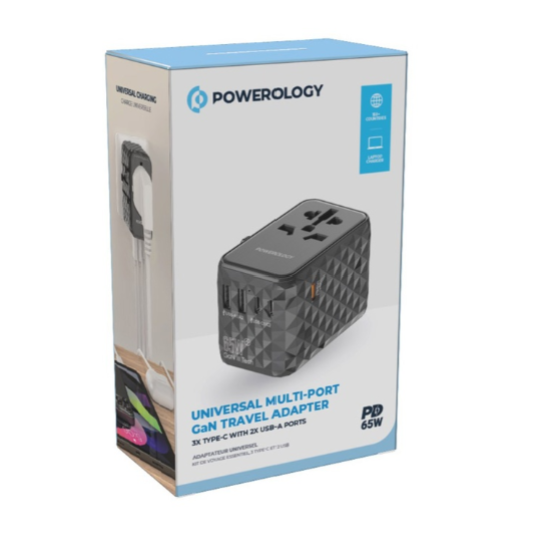 Powerology Universal Multi-Port Travel Adapter PD 65W ( 3X Type-C / 2X USB-A Ports )