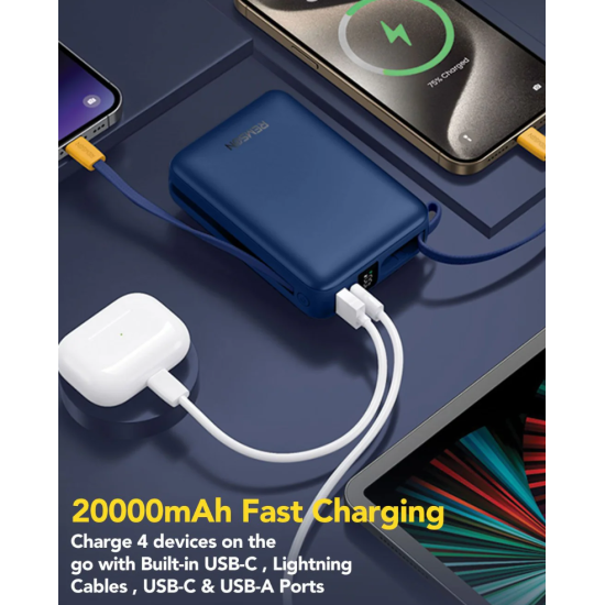 Remson Revo Charge 20,000 mAh 22.5W Power Bank QC 3.0 PD Charging USB-A/USB-C Output Ports with Built-in Type-C Hanging Cable and Lightning Cable Compatible for iPhone, Android and Other Smartphones