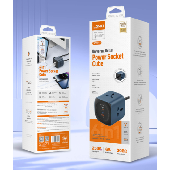 Mini wall charger with 2500W power and 3 outlets + 3 65W phone charging ports