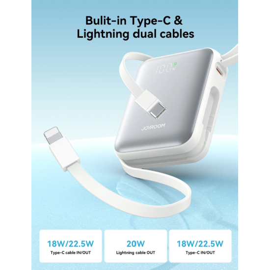 JOYROOM JR-PBF27 22.5W Pocket Size Travel Mini Power Bank with Built-in Cable 10000mAh JOYROOM JR-PBF27 22.5W Pocket Size Travel Mini Power Bank with Built-in Cable 10000mAh