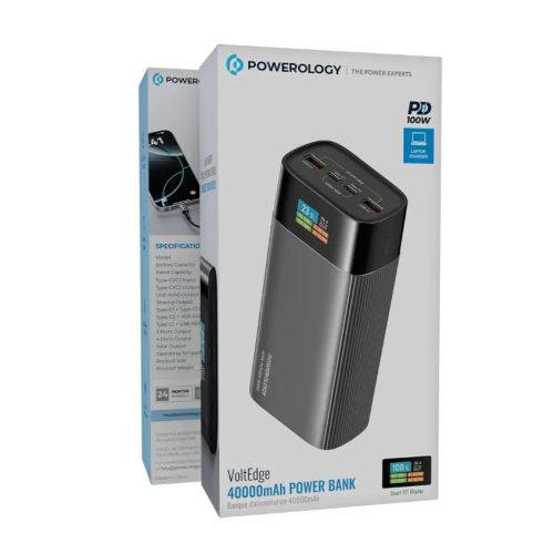 Power bank with a capacity of 40,000 mAh and a power of 100 watts.