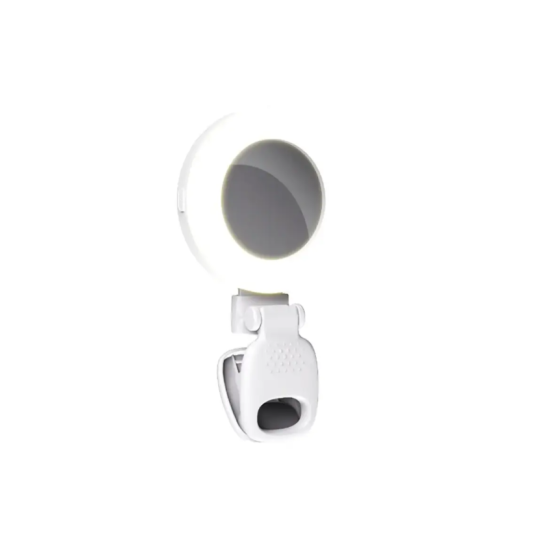 مصباح إضاءة حلقي (Ring Light) مع مرآة ومشبك تثبيت - أبيض