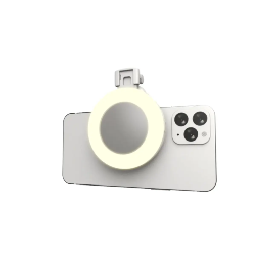 مصباح إضاءة حلقي (Ring Light) مع مرآة ومشبك تثبيت - أبيض