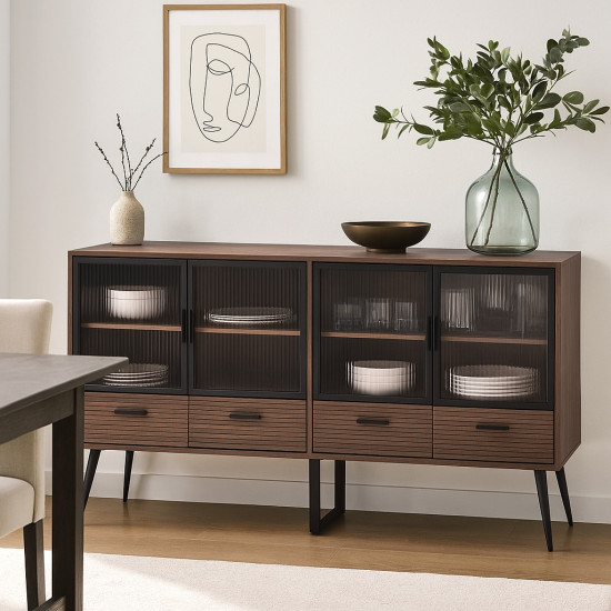 بوفيه  انيق خشب بأبواب زجاجية مع أدراج تخزين 