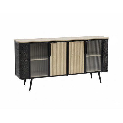 بوفيه خشب أنيق بأبواب زجاجية وهيكل معدني