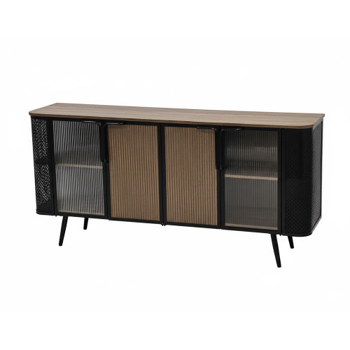 بوفيه خشب أنيق بأبواب زجاجية وهيكل معدني