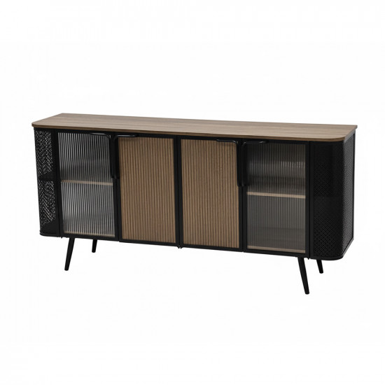 بوفيه خشب أنيق بأبواب زجاجية وهيكل معدني بوفيه خشب أنيق بأبواب زجاجية وهيكل معدني