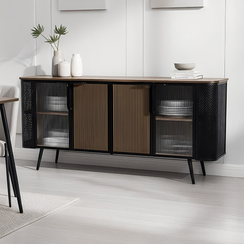 بوفيه خشب أنيق بأبواب زجاجية وهيكل معدني