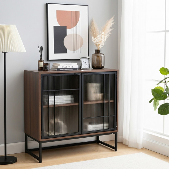 بوفيه جانبي عصري خشب بأبواب زجاجية