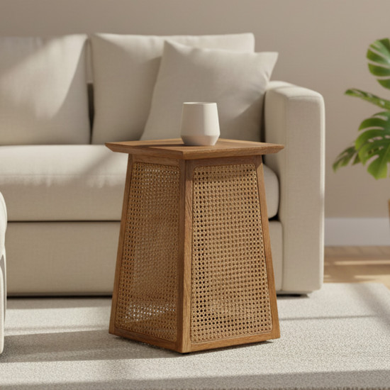 طاولة قهوة جانبية عصرية خشب مع راتان