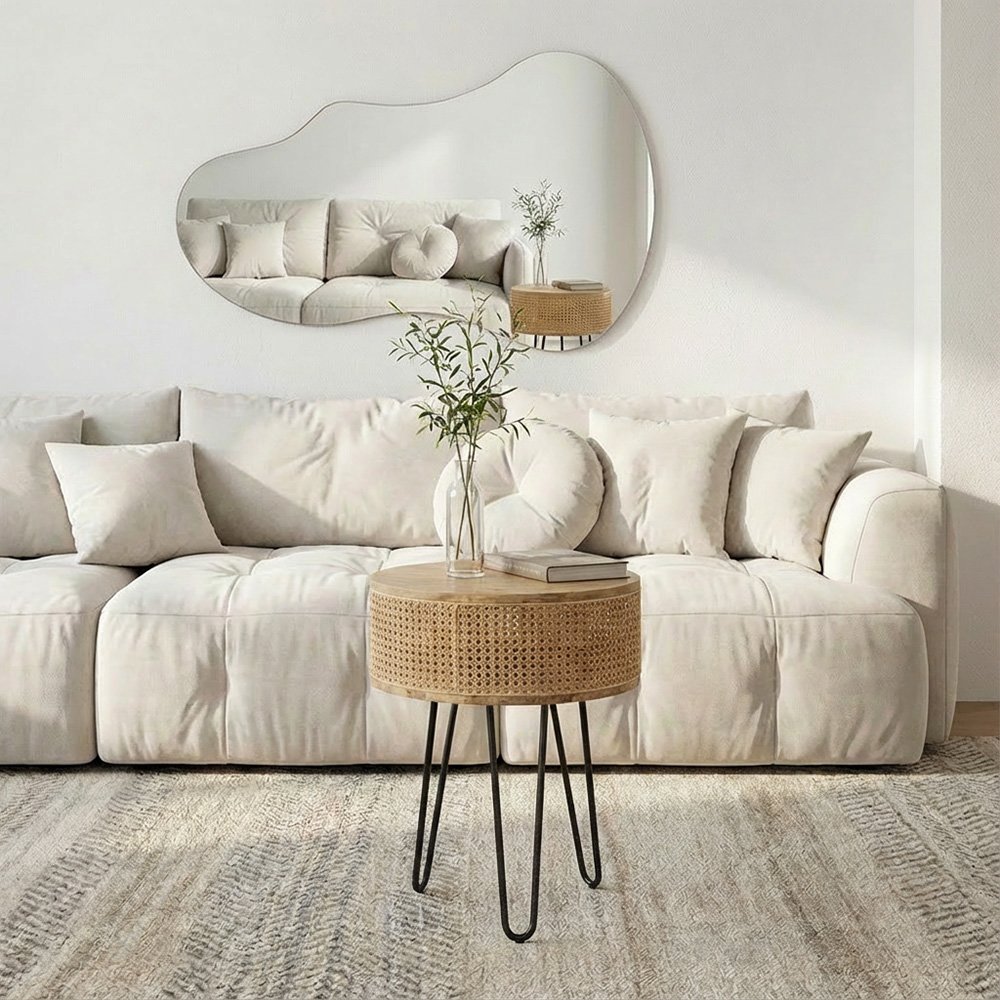 طاولة قهوة مودرن خشب وراتان بأرجل معدنية