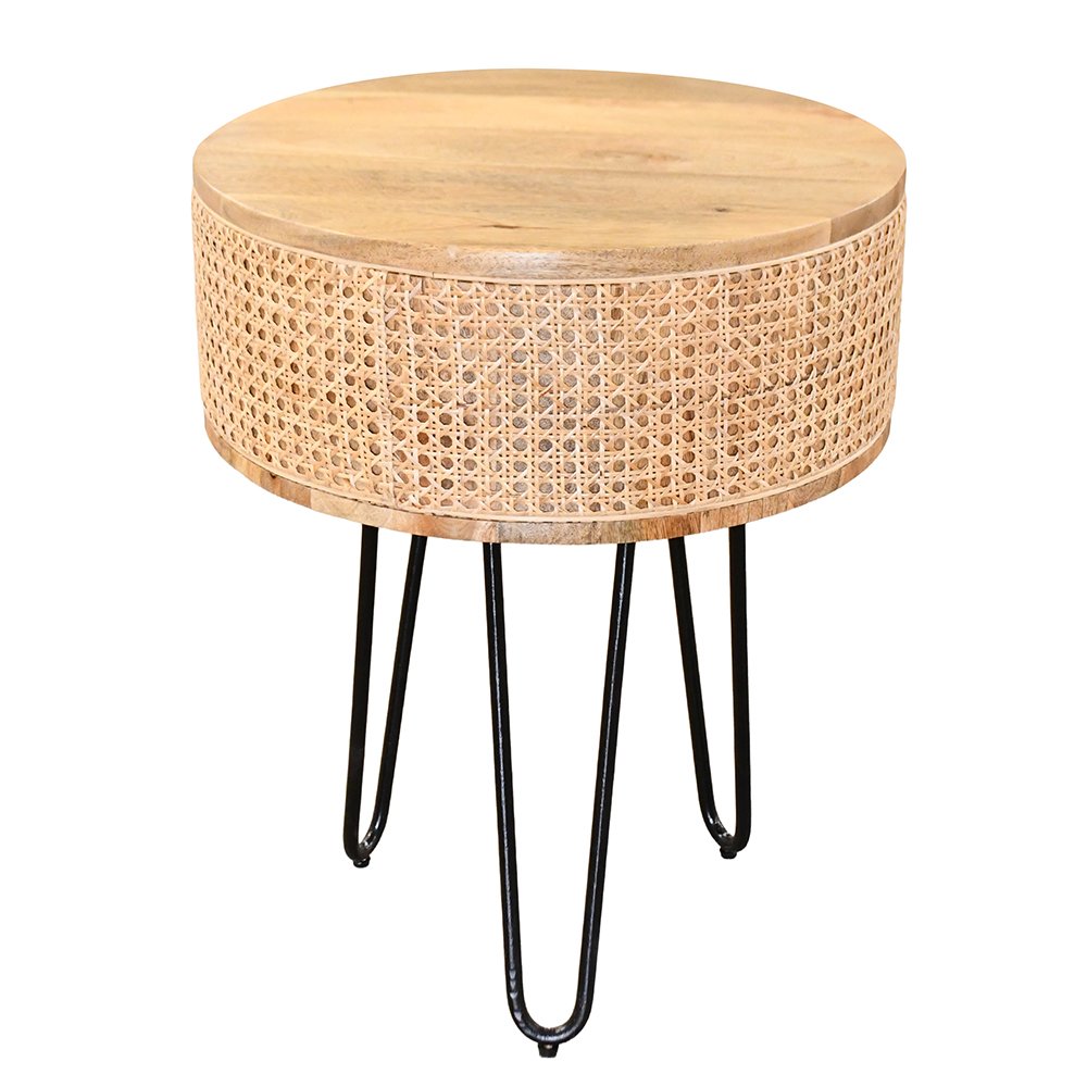 طاولة قهوة مودرن خشب وراتان بأرجل معدنية