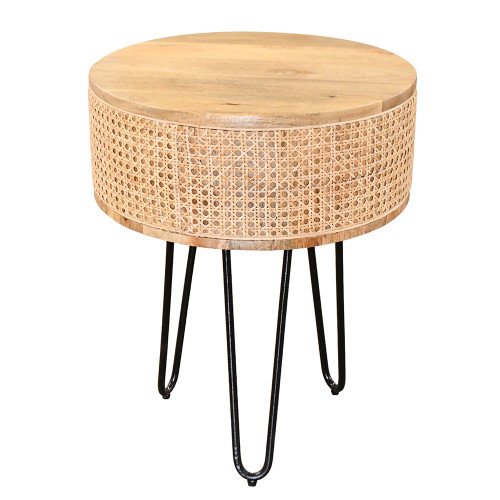 طاولة قهوة مودرن خشب وراتان بأرجل معدنية