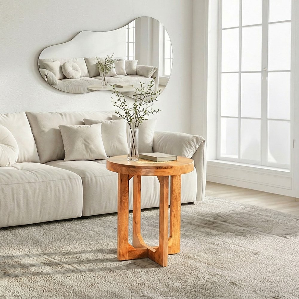 طاولة قهوة جانبية تصميم مودرن خشب مع راتان