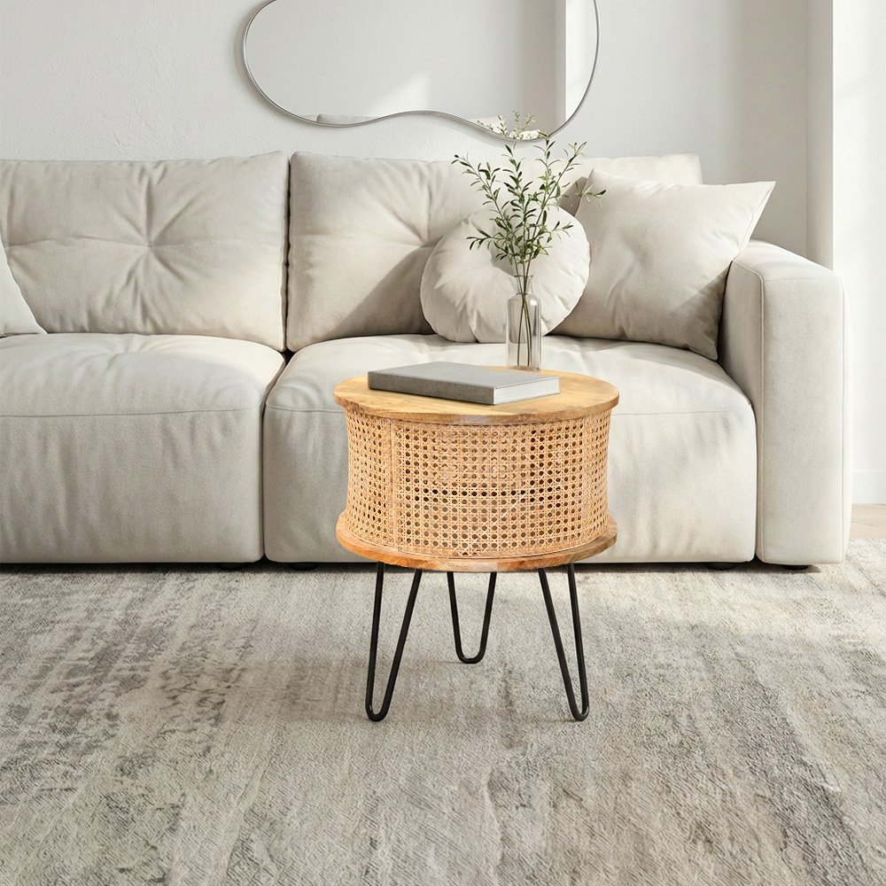 طاولة قهوة مودرن خشب وراتان بأرجل معدنية طاولة قهوة مودرن خشب وراتان بأرجل معدنية