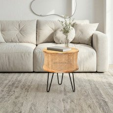 طاولة قهوة مودرن خشب وراتان بأرجل معدنية طاولة قهوة مودرن خشب وراتان بأرجل معدنية