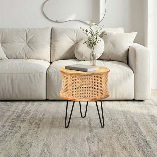 طاولة قهوة مودرن خشب وراتان بأرجل معدنية